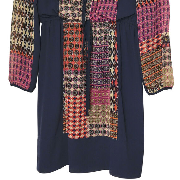 Anthropologie Maeve Peasant Patchwork Print Boho Dress Mini Navy Blue Red Tan XS - Picture 6 of 16
